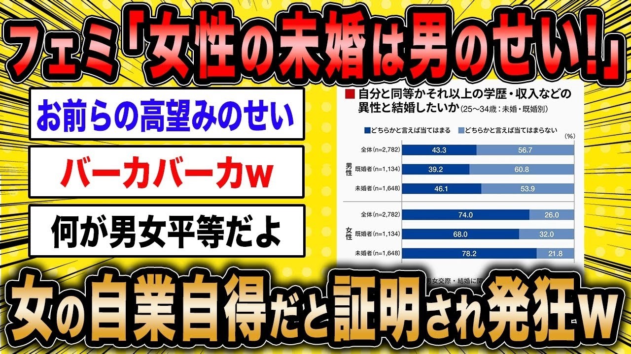 【2ch面白いスレ】フェミ女「女性が未婚なのは全部男のせいです！」←女の自業自得だと証明され大発狂ww【ゆっくり解説】