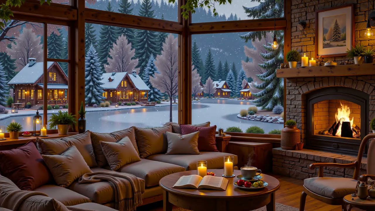 A Calm Christmas Evening Inside a Cozy Cabin Watching a Snowy Village ❄️ Fireplace & Smooth Jazz