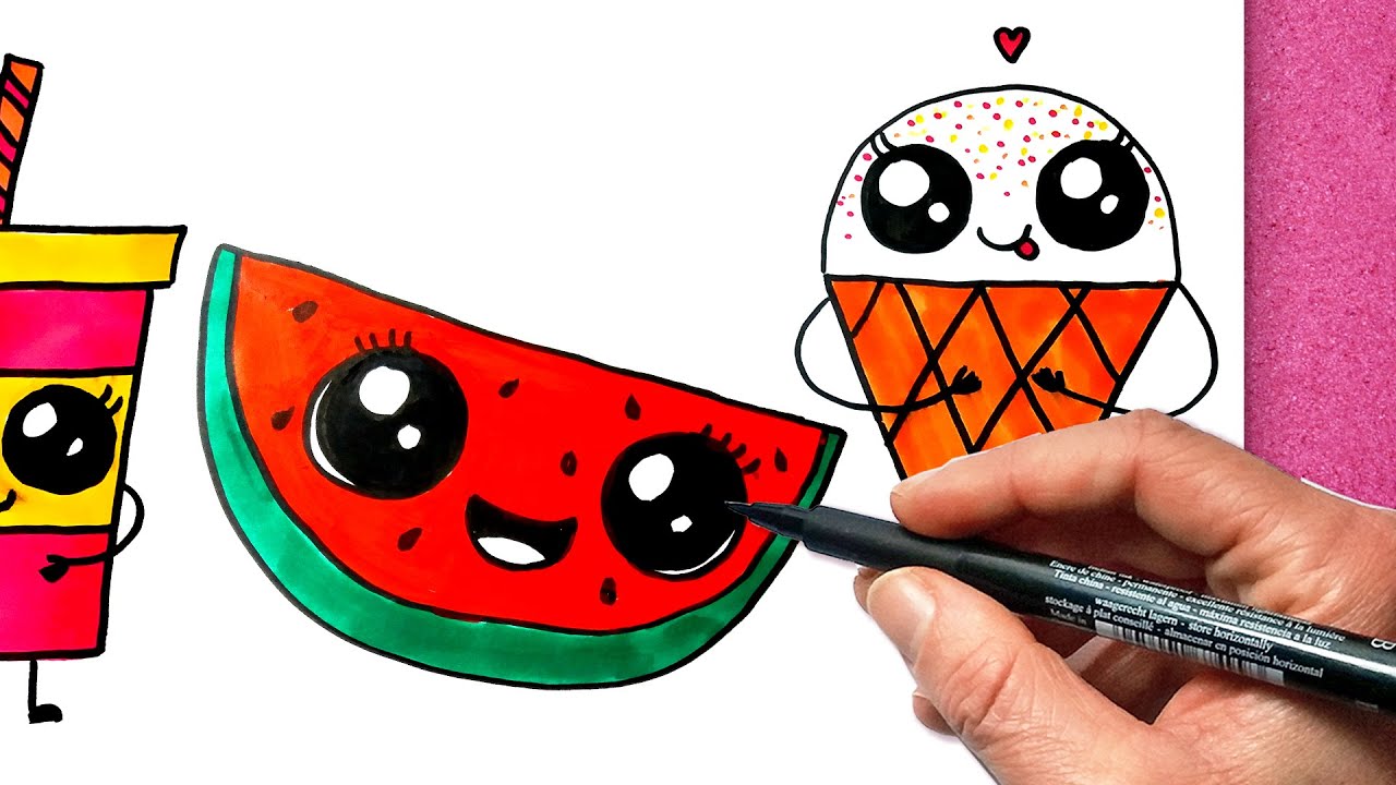 How To Draw CUTE Things Easy FOOD- How To Draw Really Cute ICE CREAM, WATERMELON & A DRINK