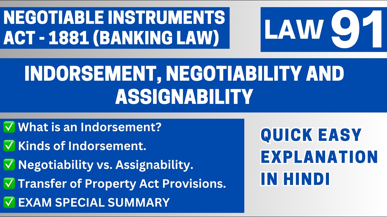Indorsement & Negotiability vs Assignability | Section 15 & 48 | Banking Law | LAW91