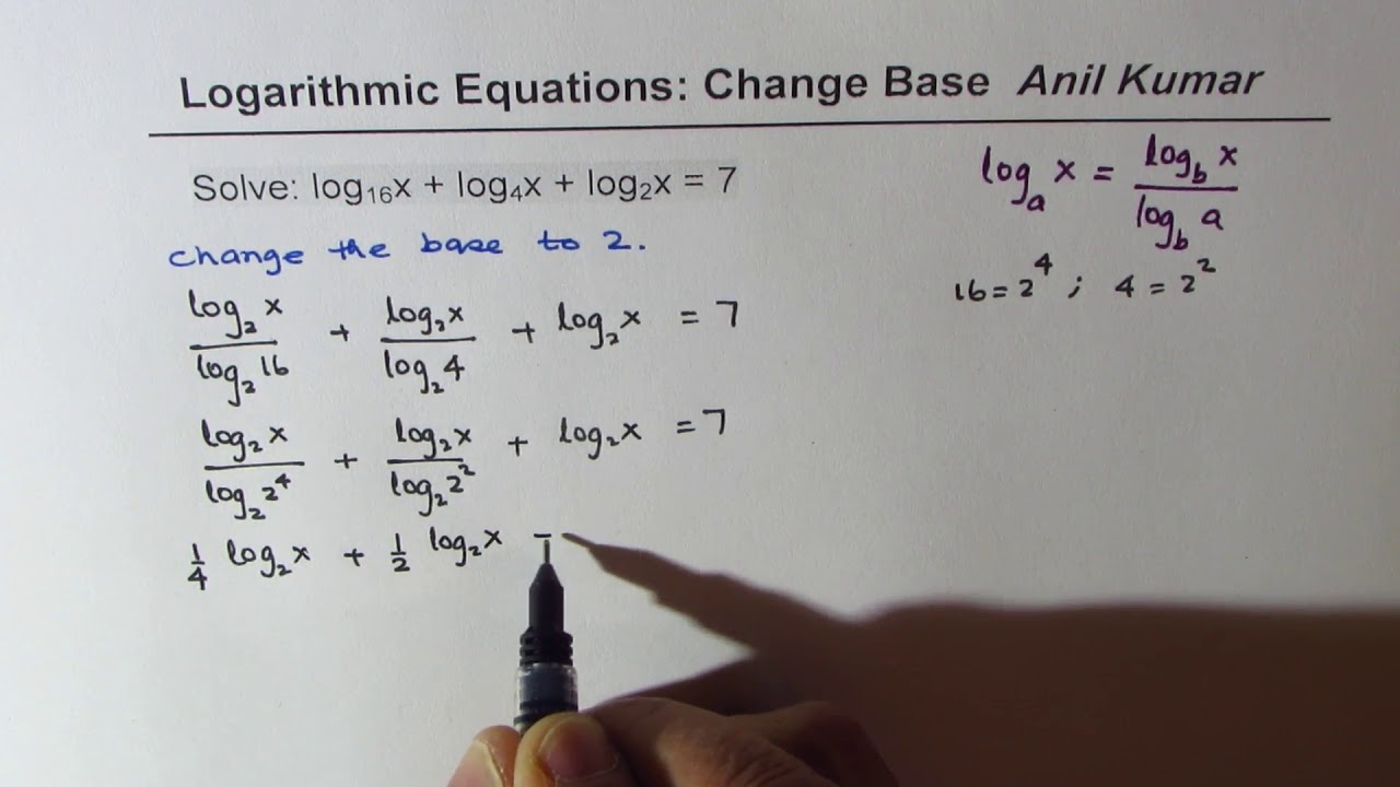 Sum log16x + log4x + log2x = 17 Different Bases Log Equation