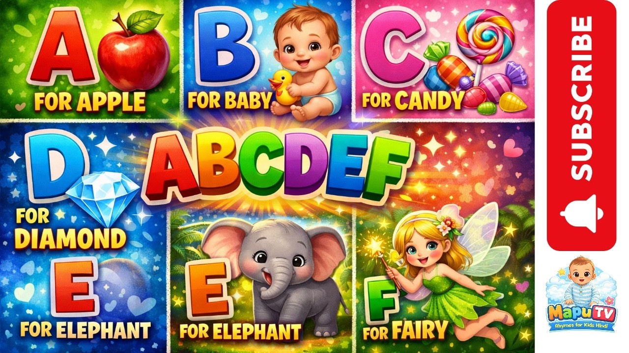 А — Apple Baby Candy 🍭, D — Diamond, E — Elephant Fairy 🧚 | Песенка для изучения алфавита для дет...