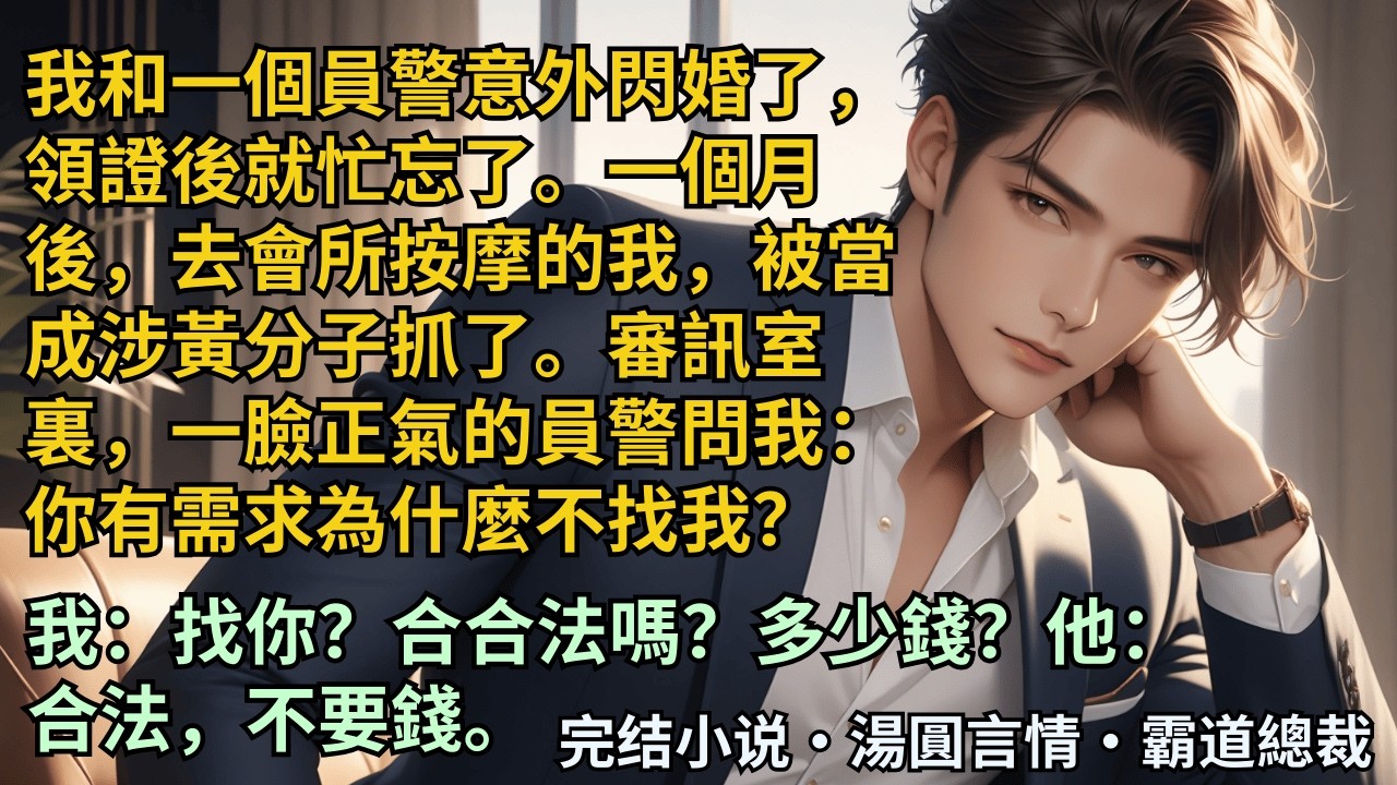 【完結小說】我和一個員警意外閃婚了。一個月後去會所按摩的我，被當成涉黃分子抓了。審訊室裏警員問我：你有需求為什麼不找我？我：找你？合合法嗎？多少錢？他：合法，不要錢。#小說 #爽文 #甜文 #霸道總裁