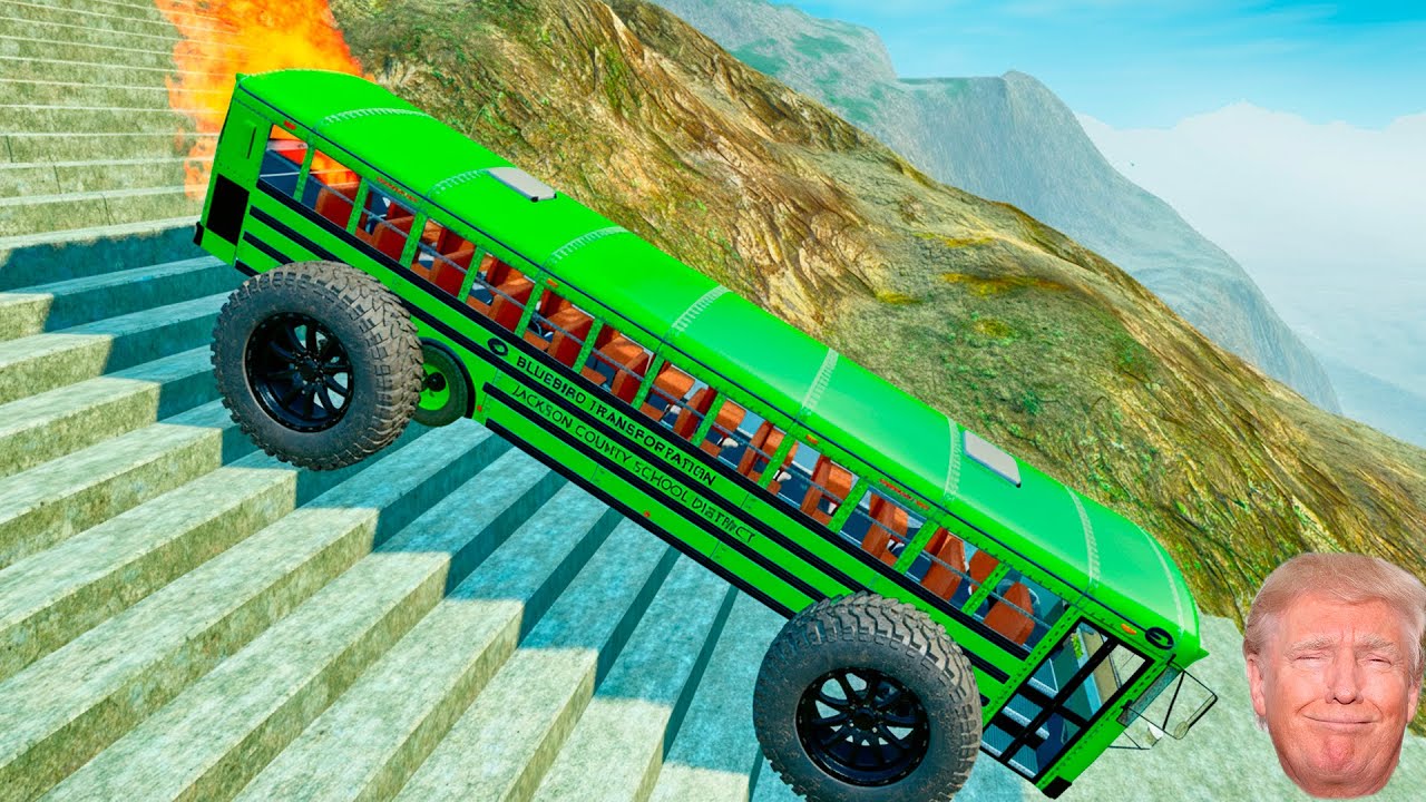 School Bus Stairs Jumps Down &ndash; Epic USA School Bus Crash Test in BeamNG Drive Simulation