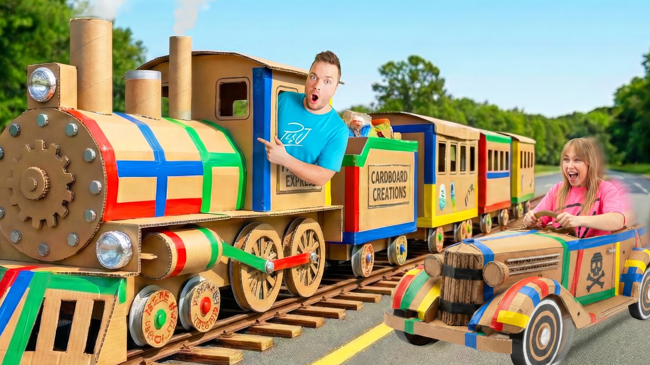 I Built A 2 Story Box Fort Train! Bandits Attack!