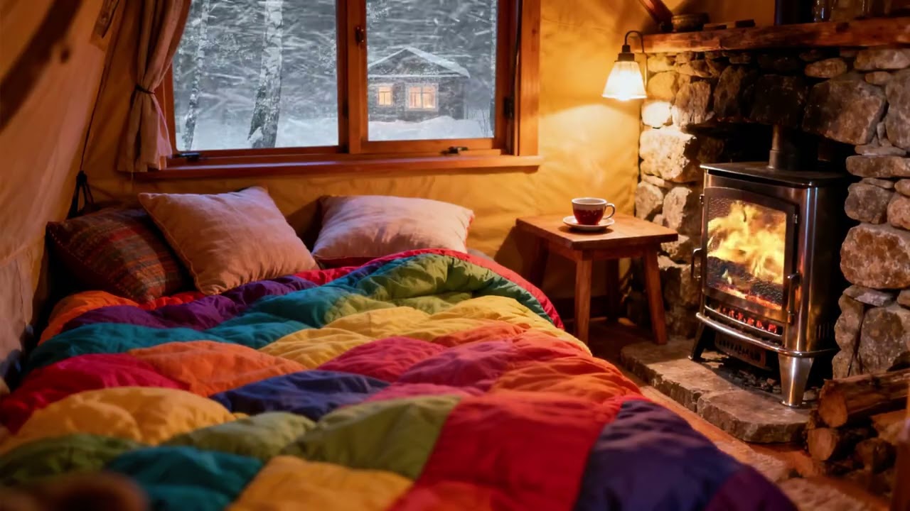 森林小屋里，炉火熊熊燃烧，伴着猛烈风雪声入眠