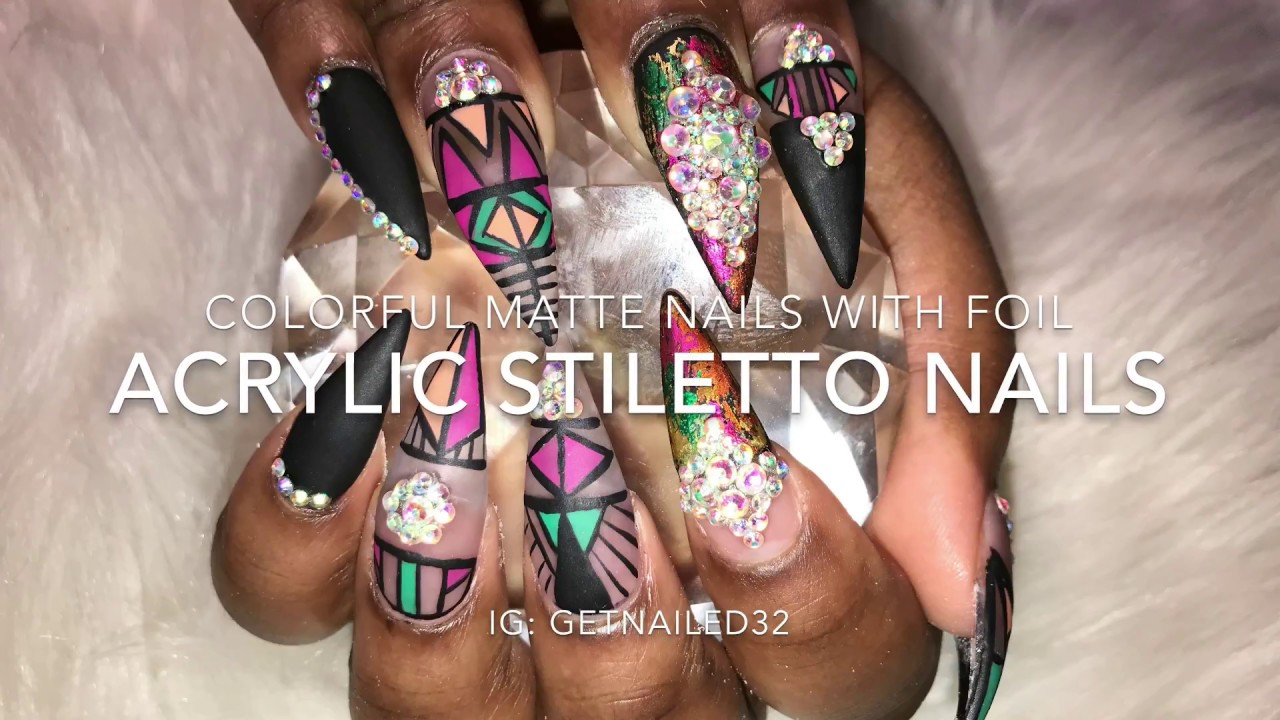 Acrylic Nails For beginners | Stiletto Black Matte Nails With Designs 😍✨💎🍂