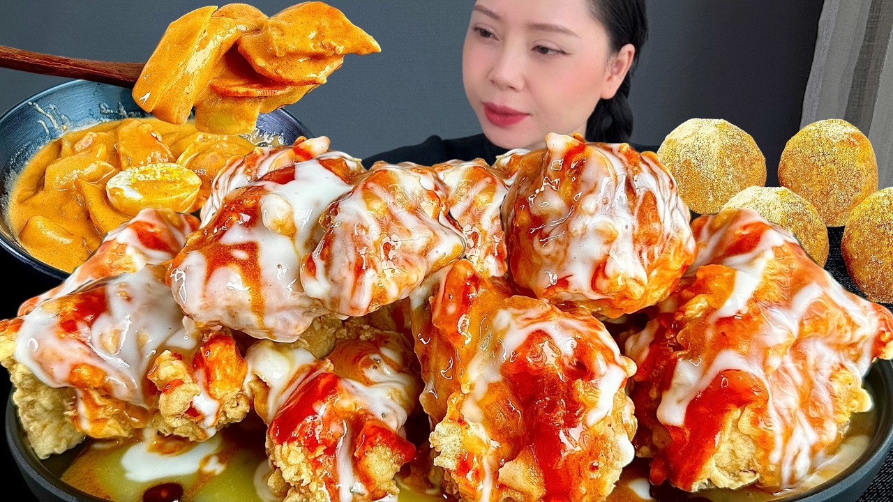 ASMR MUKBANG FRIED CHICKEN, ROSE TTEOKBOKKI, CHEESE BALLS | COOKING & EATING SOUNDS