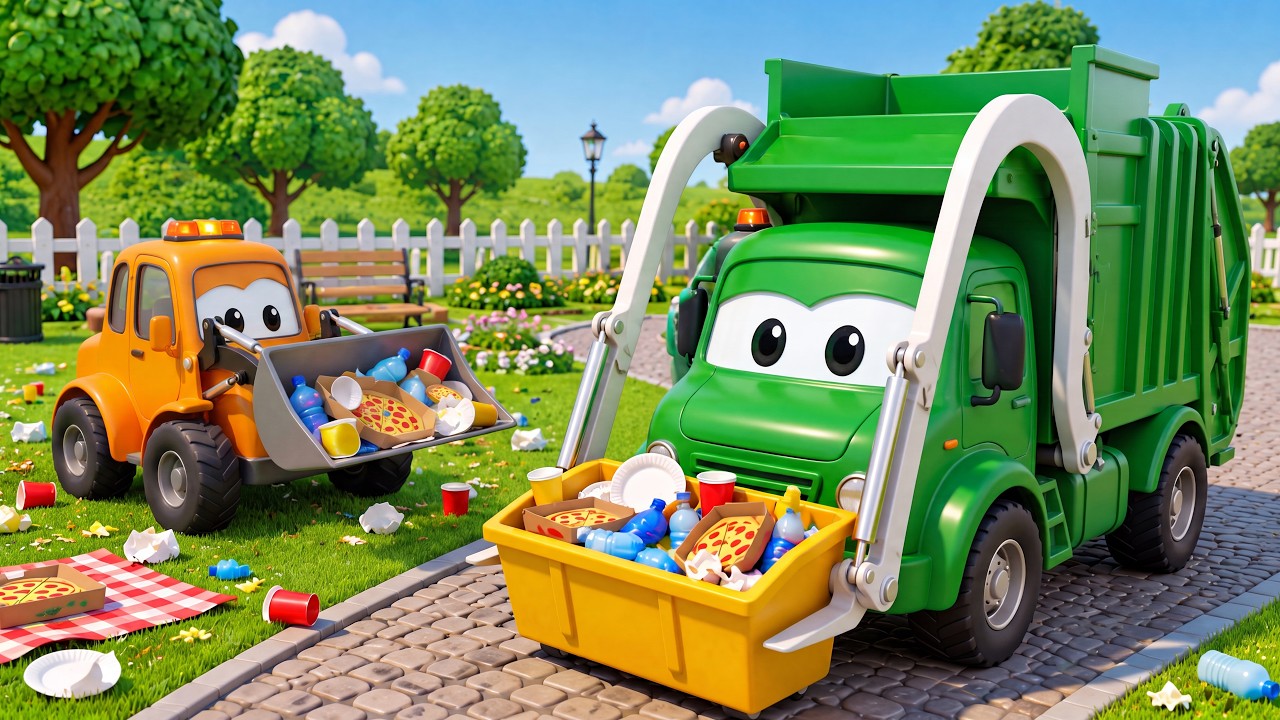 Garbage Truck Cleans the Messy Park! Recycling Trucks for Kids