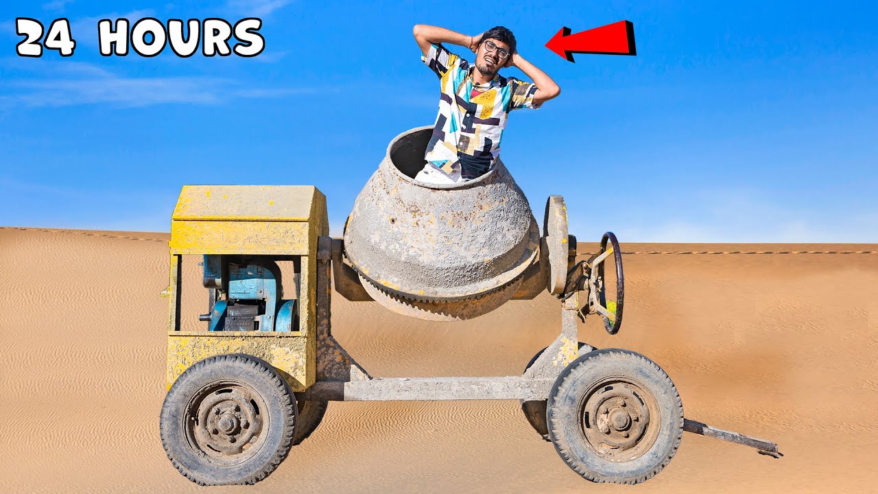 24 Hours in Cement Mixing Machine Challenge😱- क्या मैं इस मशीन में 24 घंटे बिता पाउँगा?