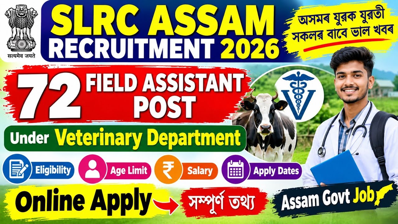 SLRC Assam Recruitment 2026|72 Field Assistant Posts|Veterinary Department Online Apply