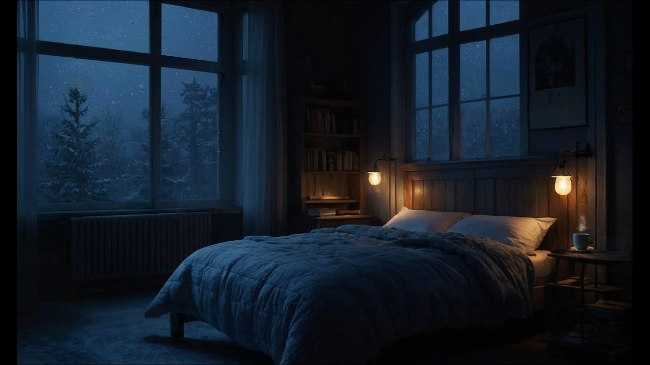 A Cozy Bedroom in the Snowstorm | Winter Ambience & Snowstorm Sounds for Sleep/Relaxation (8 hours)