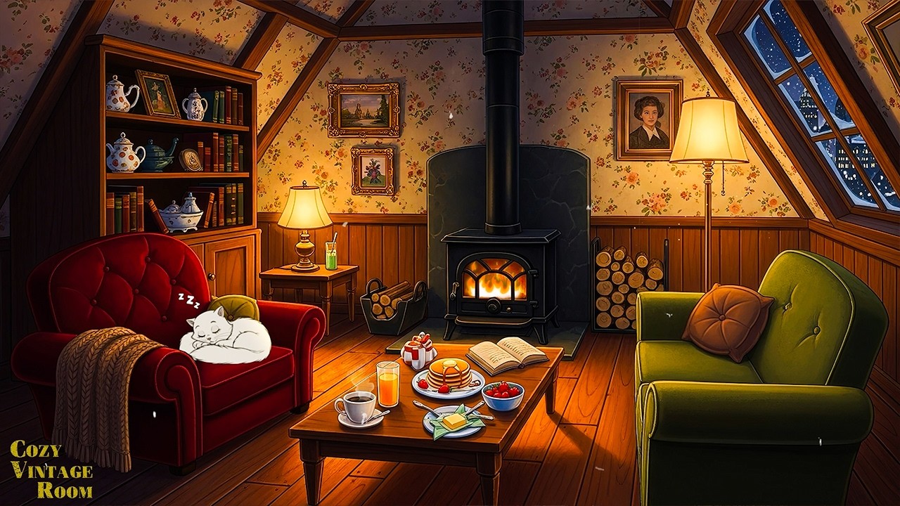 cozy vintage valentine's day 1960's 💖 soft oldies playing in another room | crackling fireplace