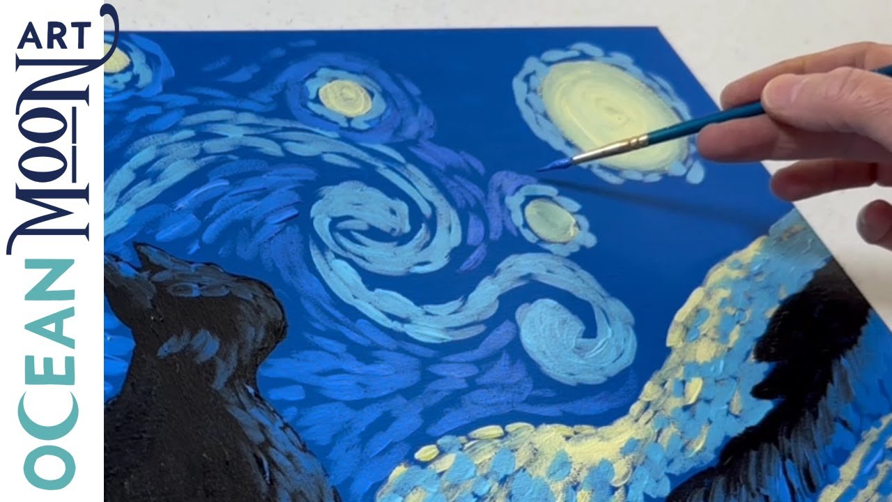 Painting Starry Night with a Cat │ Speed Painting │ Beginner Acrylic Painting Step by Step