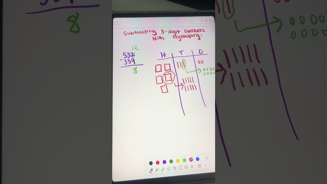 Subtracting three digit numbers with regrouping using base ten blocks