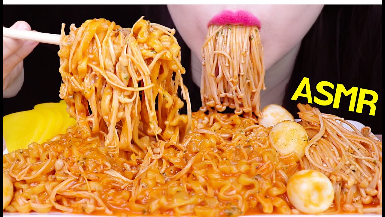 ASMR CHEESY FIRE NOODLES + ENOKI MUSHROOMS 불닭볶음면 + 팽이버섯 리얼사운드 먹방 (EATING SOUNDS) NO TALKING MUKBANG