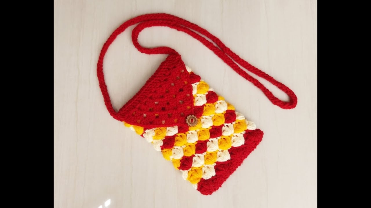 Crochet small sling bag tutorial || Crochet triple puff stitch mobile pouch tutorial