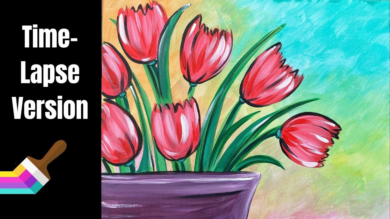 Time-lapse version of 'Tulip Bouquet' Easy springtime tulip acrylic painting tutorial for beginners