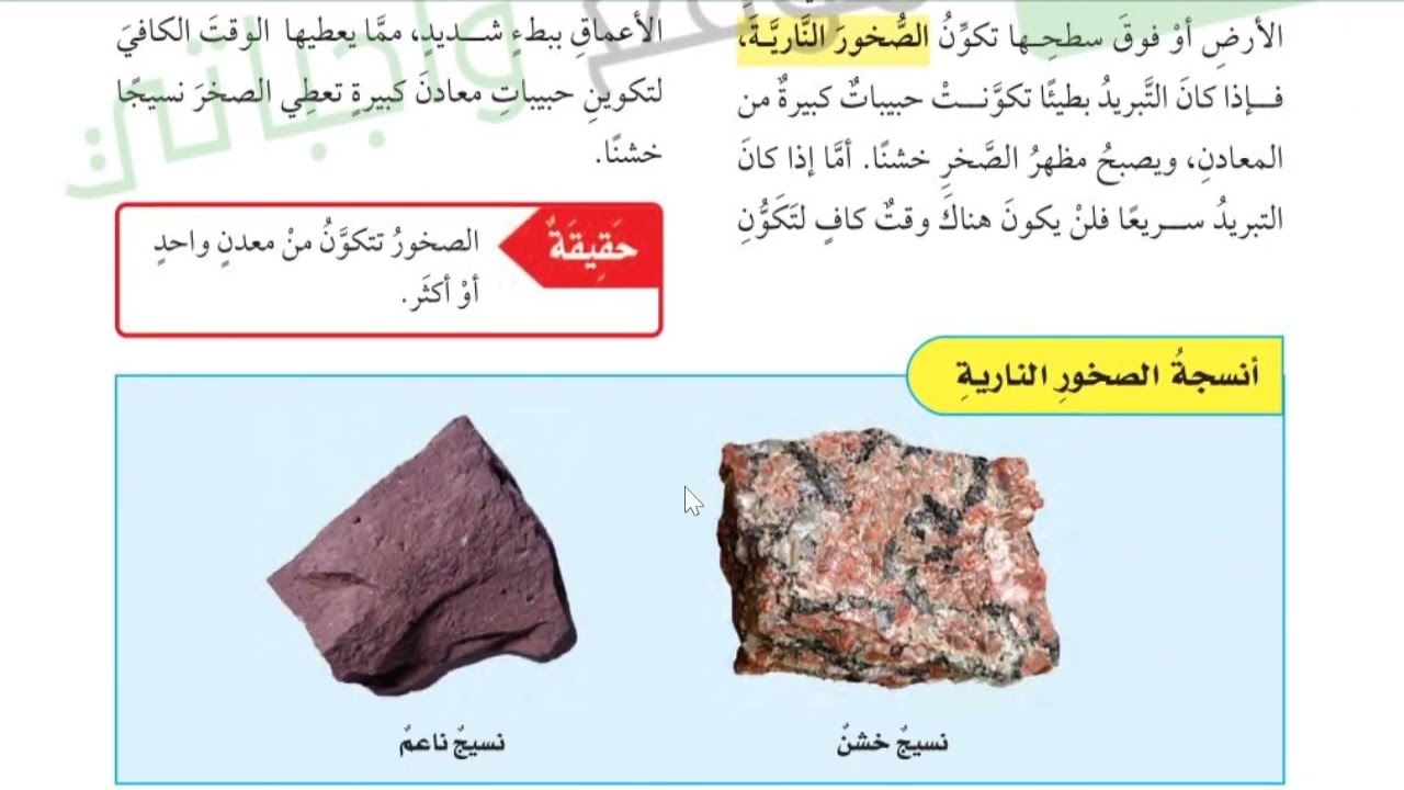 حل اسئلة و شرح درس المعادن و الصخور كتاب العلوم الصف الرابع الفصل الثاني المنهاج السعودي