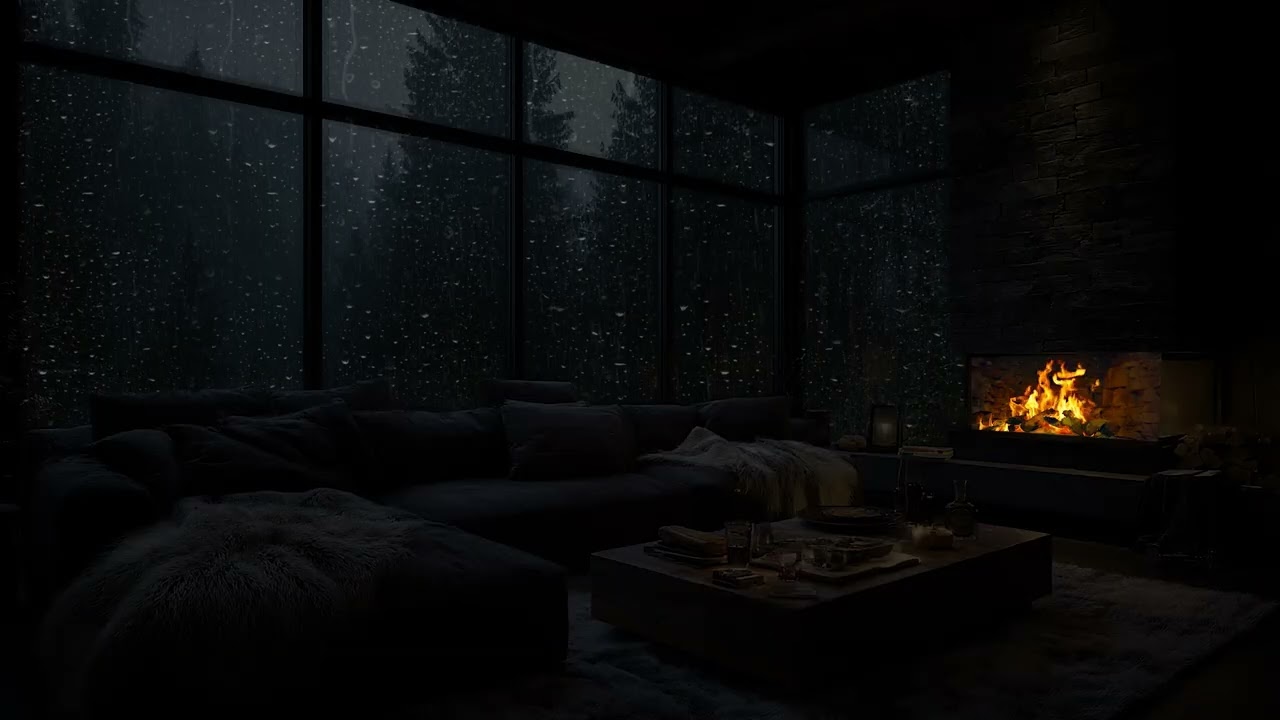 Deep Night Rain, Far Thunder Echoes and Cozy Fireplace Sounds for Total Relaxation