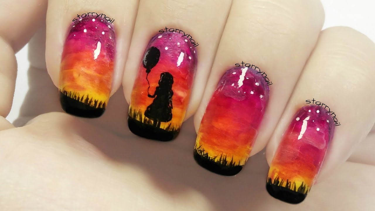 Girl With a Balloon - Sunset Nails [Freehand Nail Art]