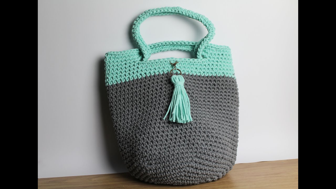Crochet shopper tote bag tutorial. Torba shoperka na szydełku, rączka pętelka.