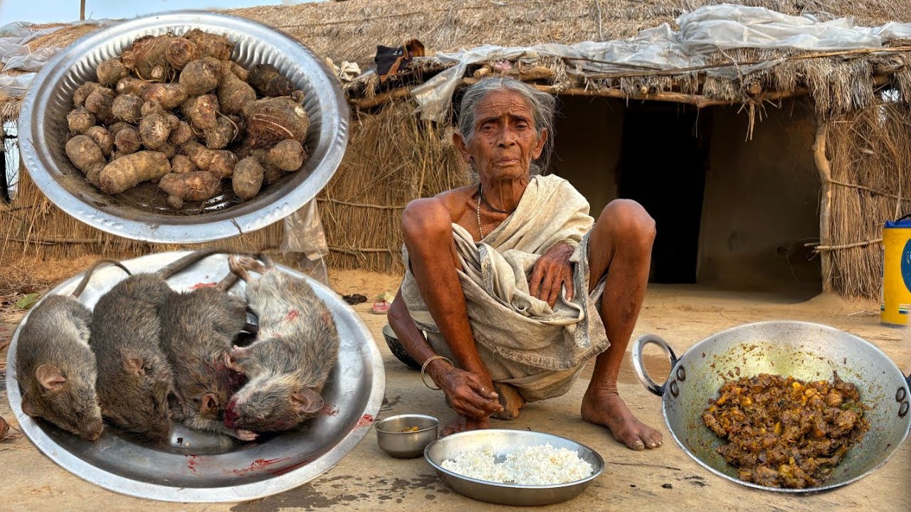 RAT MEAT with Taro Root recipe cooking & eating by poor widow Grandma||Grandma Village kitchen 