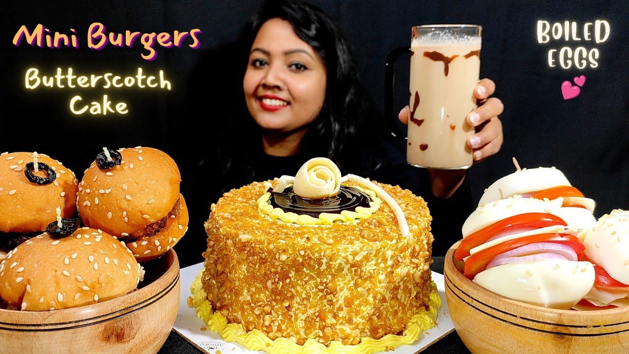 ASMR Eating Butterscotch Cake, Mini Chicken Burgers 🍔, Boiled Eggs 🥚, Cold Coffee | Mukbang ASMR