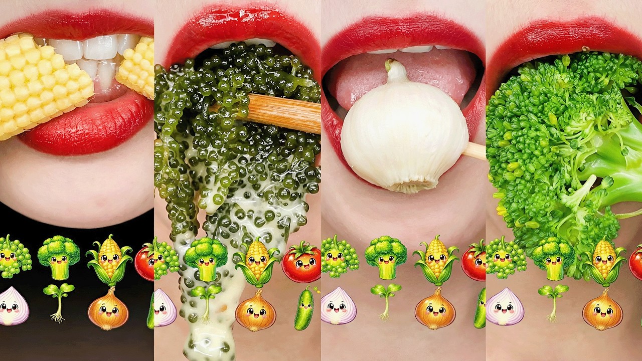 ASMR LIPS MUKBANG 👄 Crunchy Emoji Vegetables Sea Grapes Eating Sounds