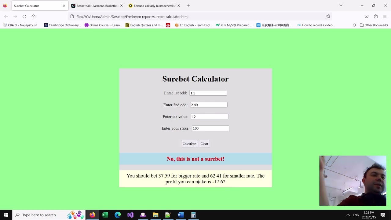 Surebet calculator for arbitrage betting JavaScript