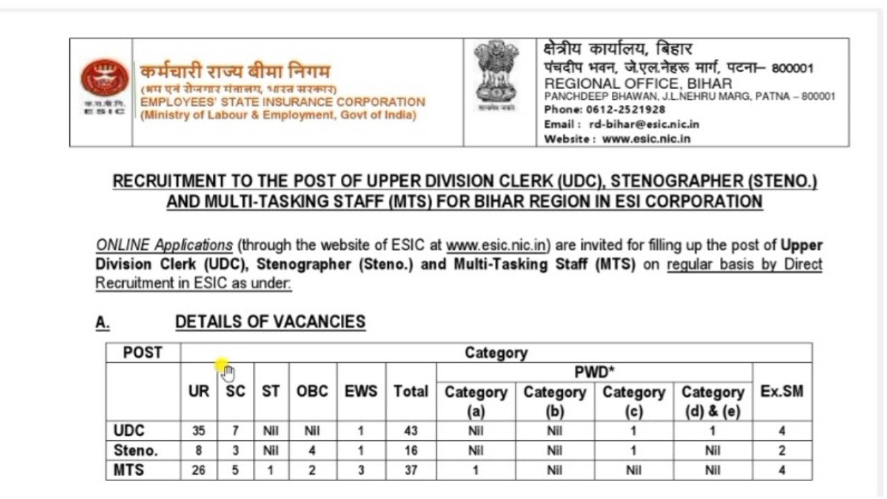 ESIC - Recruitment LDC, Steno, MTS Notification-2022 ll Syllabus & Exam Pattern ll