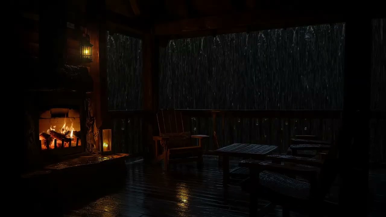 Sleeping with Cozy Rain - Heavy Thunder Sounds😴🔥Warm Fire in Cabin Forest for Relaxation& Calm Night
