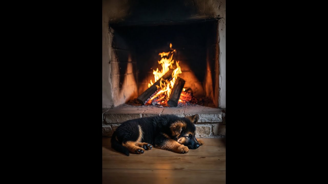 Relaxing Sleeping Puppy In Front Of The Fireplace