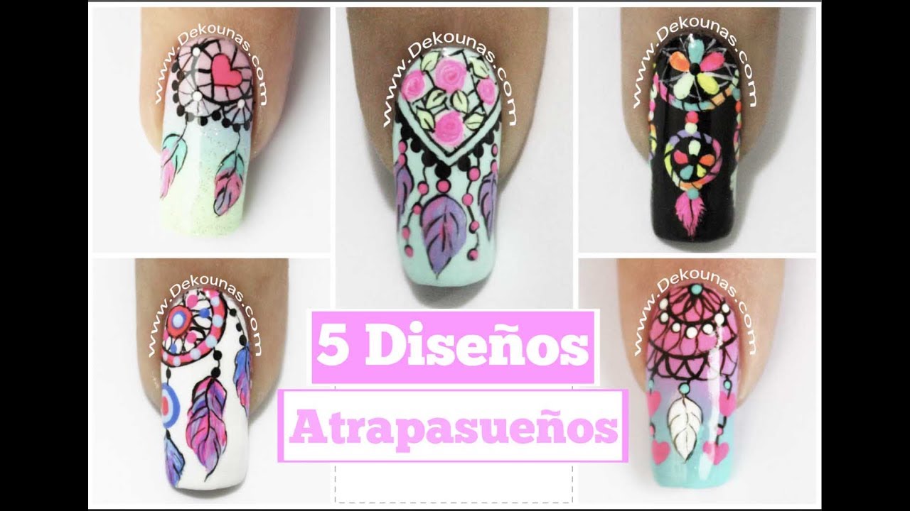 5 Diseños de uñas FACIL de Atrapasueños - 5 easy dreamcatcher nail art tutorial