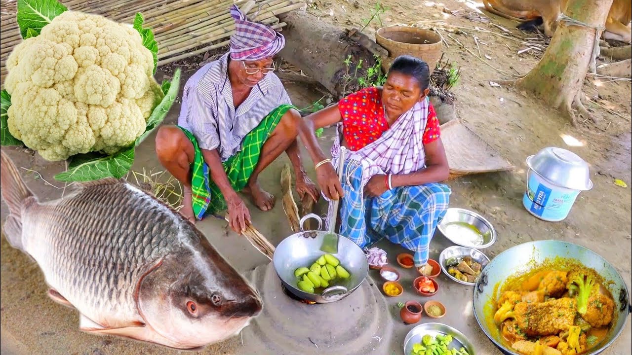 ROHU FISH CURRY with CAULIFLOWER recipe cooking in tribal method by santali tribe grandma