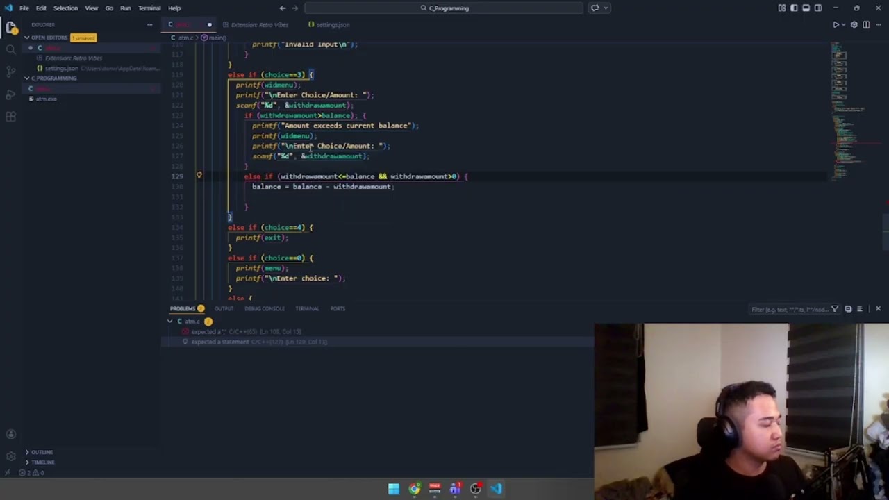code w/ me | ATM terminal project using C on Visual Studio Code