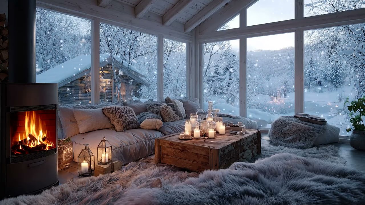 Gentle Snowfall Piano Escape | White Blossom Room & Firelight 3H Study Relax