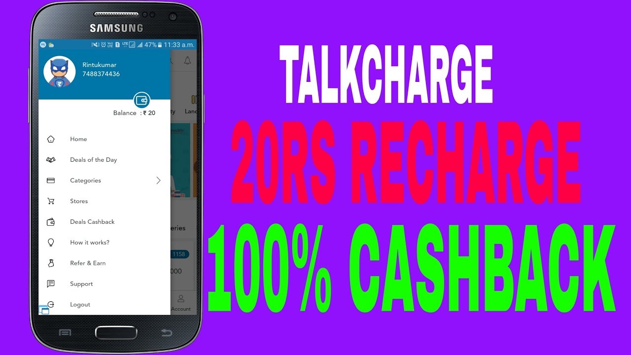 #RECHARGE 20RS AND 100% CASHBACK !!! TALKCHARGE APP