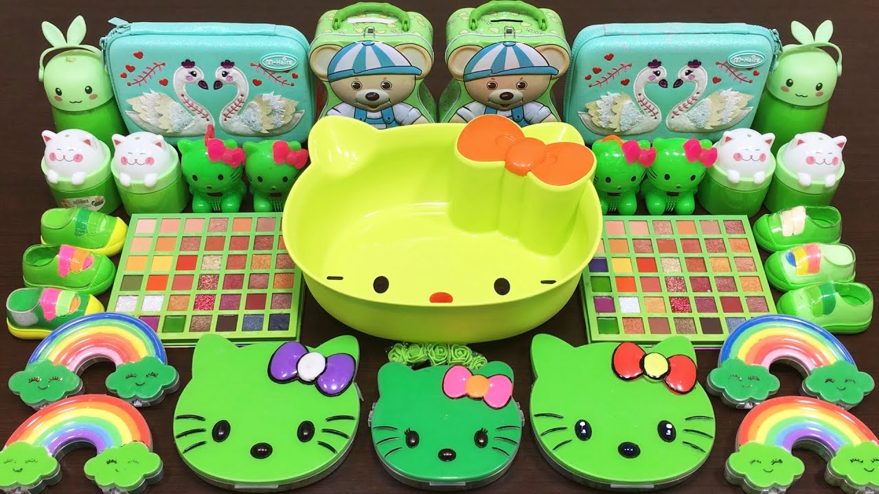 Green Hello Kitty Slime | Mixing Makeup and Glitter into Slime ASMR #679