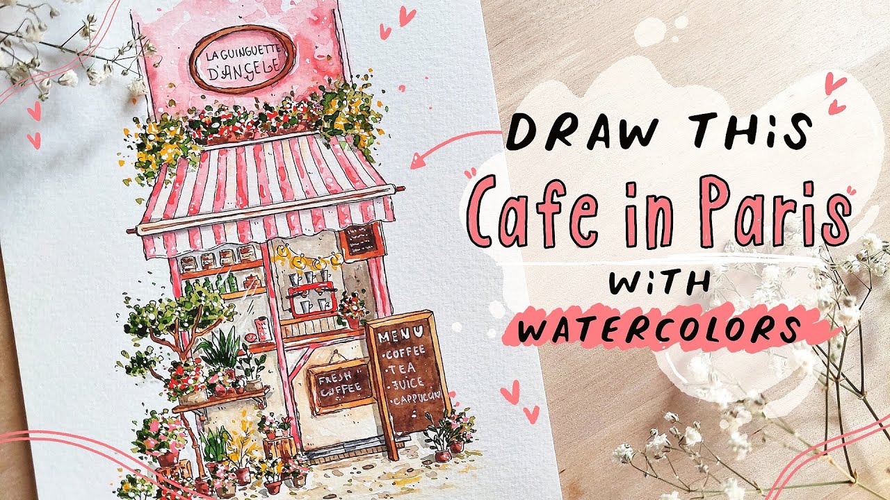 Watercolour drawing of cafe in Paris