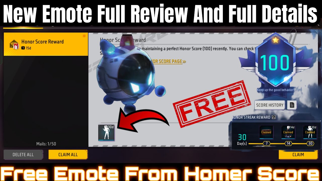 FREE FIRE FREE HONOR EMOTE FULL REVIEW | HONOR SCORE NEW EMOTE REVIEW | HONOR SCORE FREE REWARDS