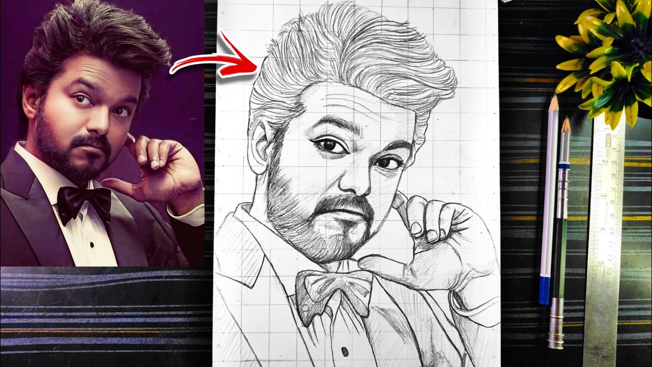 Vijay Thalapathy Drawing Outline, How To Draw Actor Vijay Thalapathy With Grid Method, Pencil Sketch