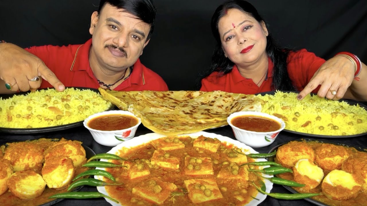 SPICY🔥🌶EGG CURRY🤤MATAR PANEER🤤MATAR PULAO ALOO PANEER PARATHA EATING CHALLENGE|INDIAN FOOD ASMR#food