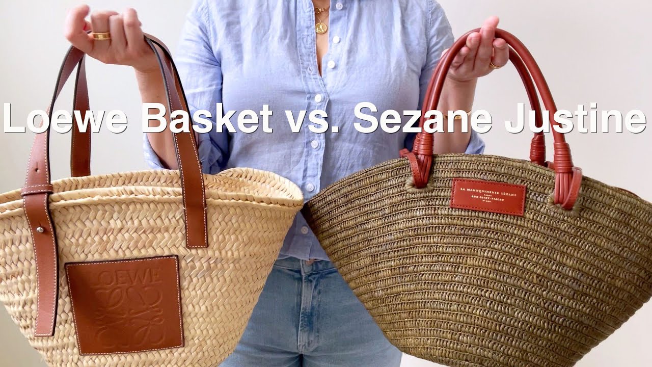 Loewe basket tote vs Sezane Justine Raffia bag review, comparison, what fits in my bag & mod shots