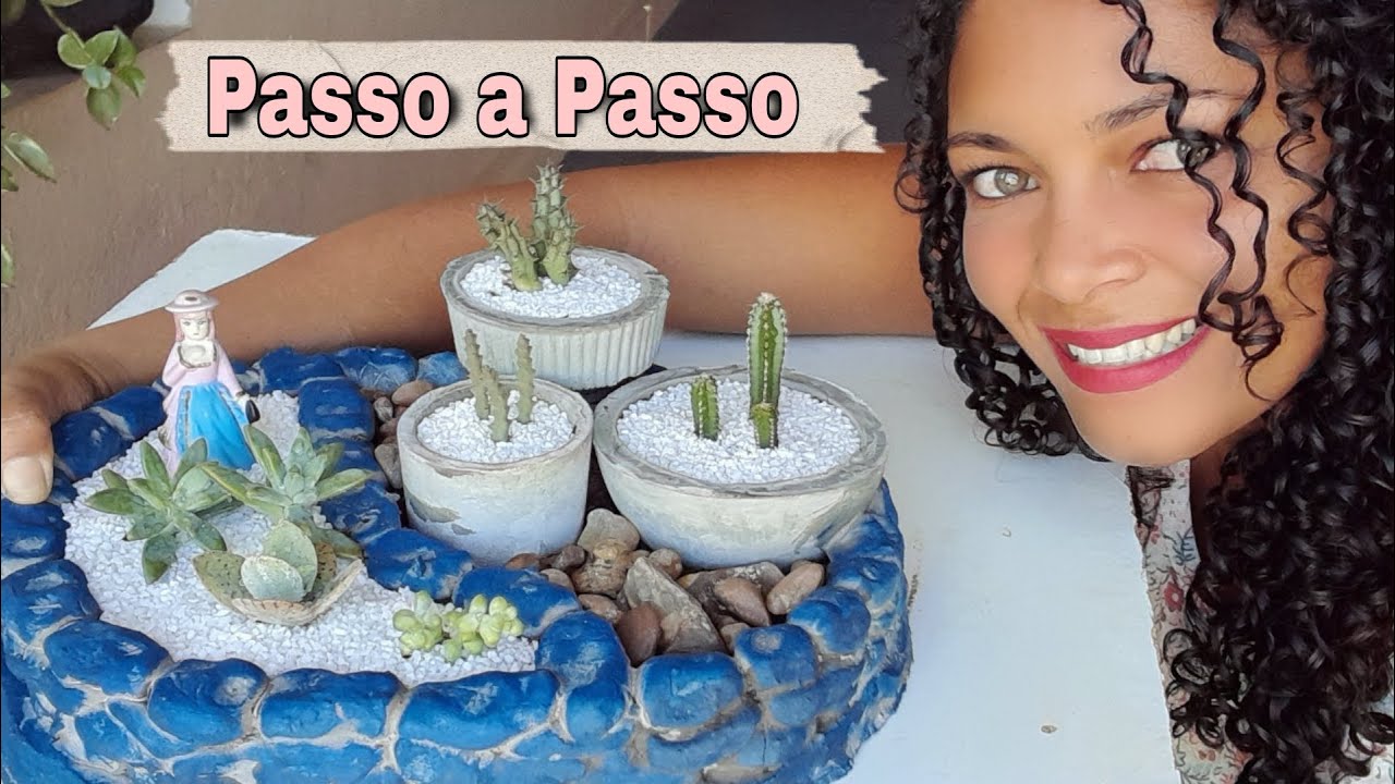 Muito facil: lindo Mini Jardim de suculentas e cactos com massa de cimento trabalho em casa.