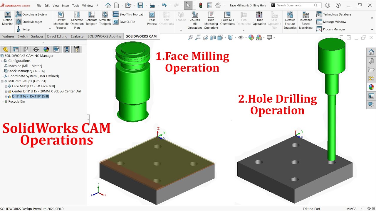 SolidWorks CAM — Фрезерование торцов и сверление отверстий.