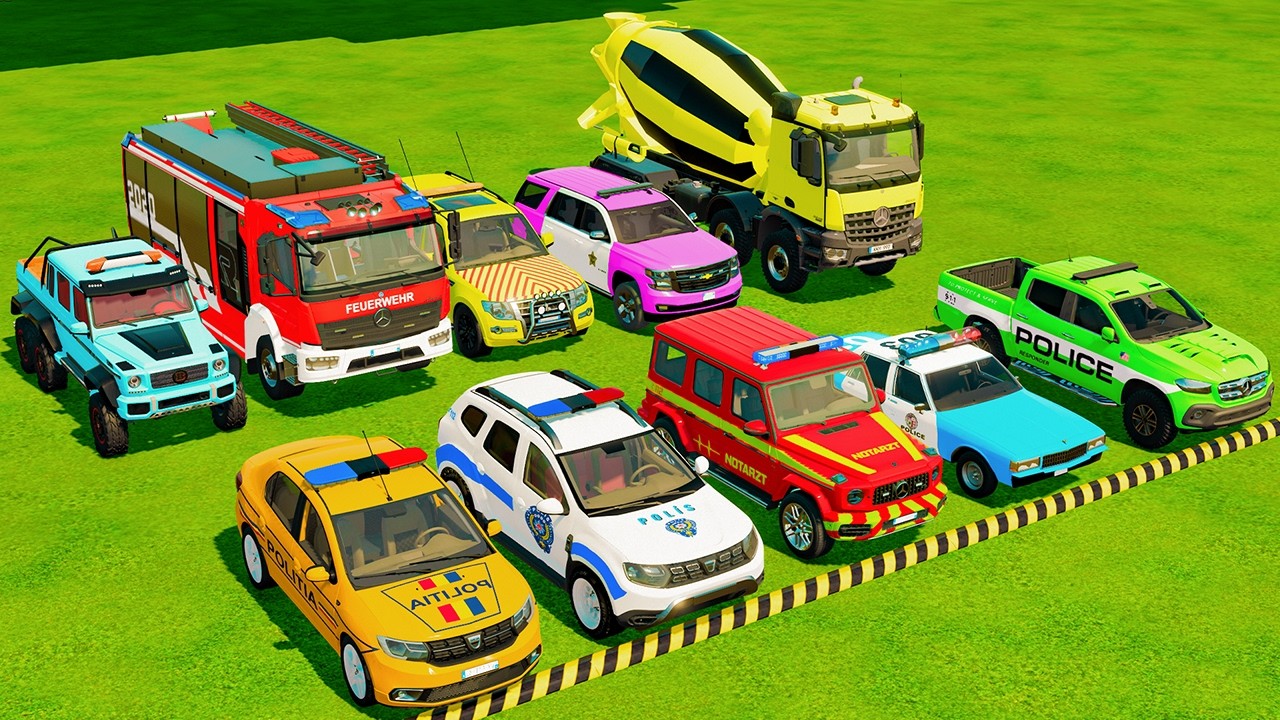 TRANSPORTING POLICE CARS, AMBULANCE, FIRE TRUCK, COLORFUL CARS WITH TRUCK -FARMING SIMULATOR 22!