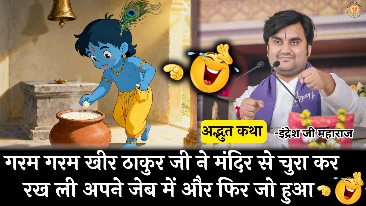 गरम गरम खीर ठाकुर जी ने रख ली अपने जेब में 🤣😂😂 #indreshjikatha #indreshjimaharaj #bhaktipath #katha 