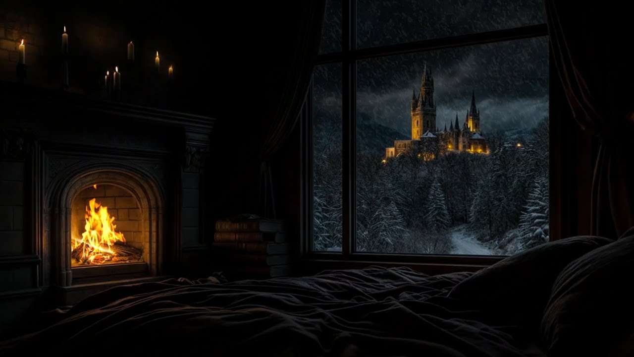 🌙 Night by the Window | Snowy Castle View & Cozy Sleep Ambience