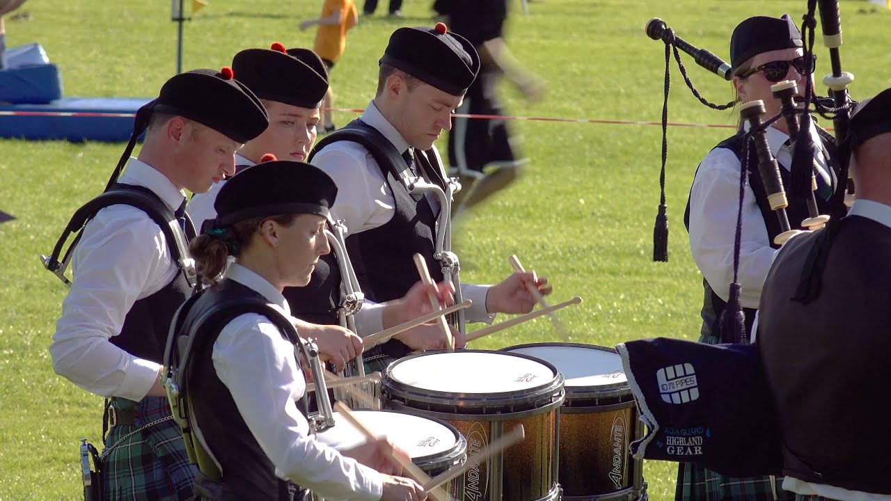MacKenzie Caledonian Pipe Band in the Grade 3 bands competition at 2023 Pitlochry Highland Games